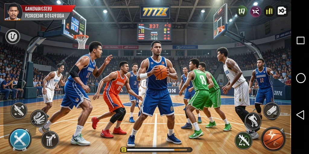 Antarmuka permainan 777ZX yang menggambarkan aksi seru di lapangan basket.