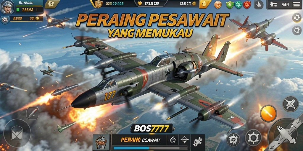 Screenshot menampilkan antarmuka tempur pesawat yang mendebarkan.