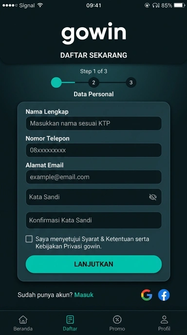 Tampilan halaman daftar gowin